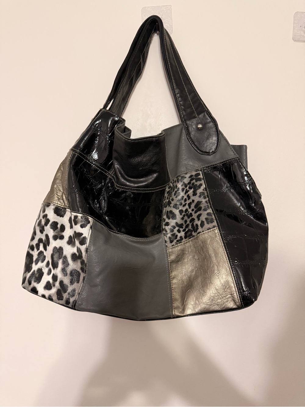 Patchwork Animal-Print Tote Bag in Black, Gray & Metallic - Unbranded